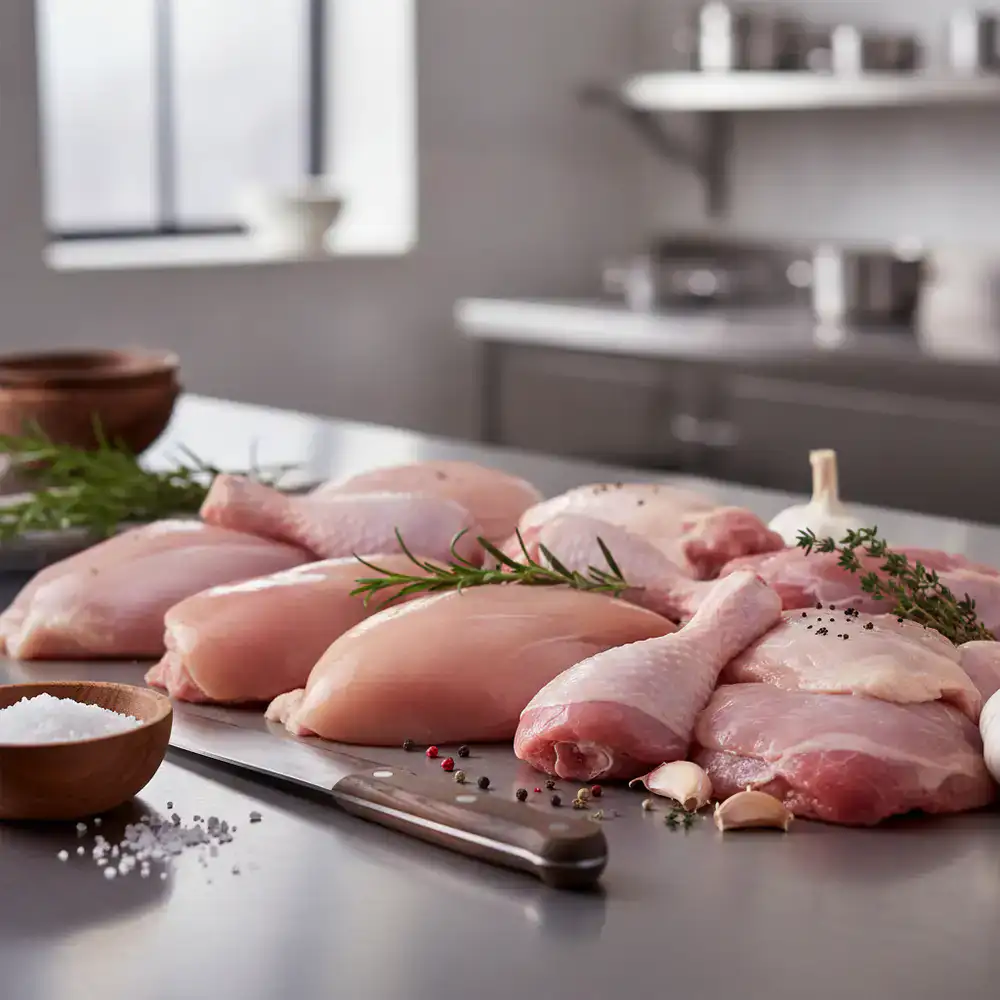 Fresh premium chicken cuts on a clean preparation table
