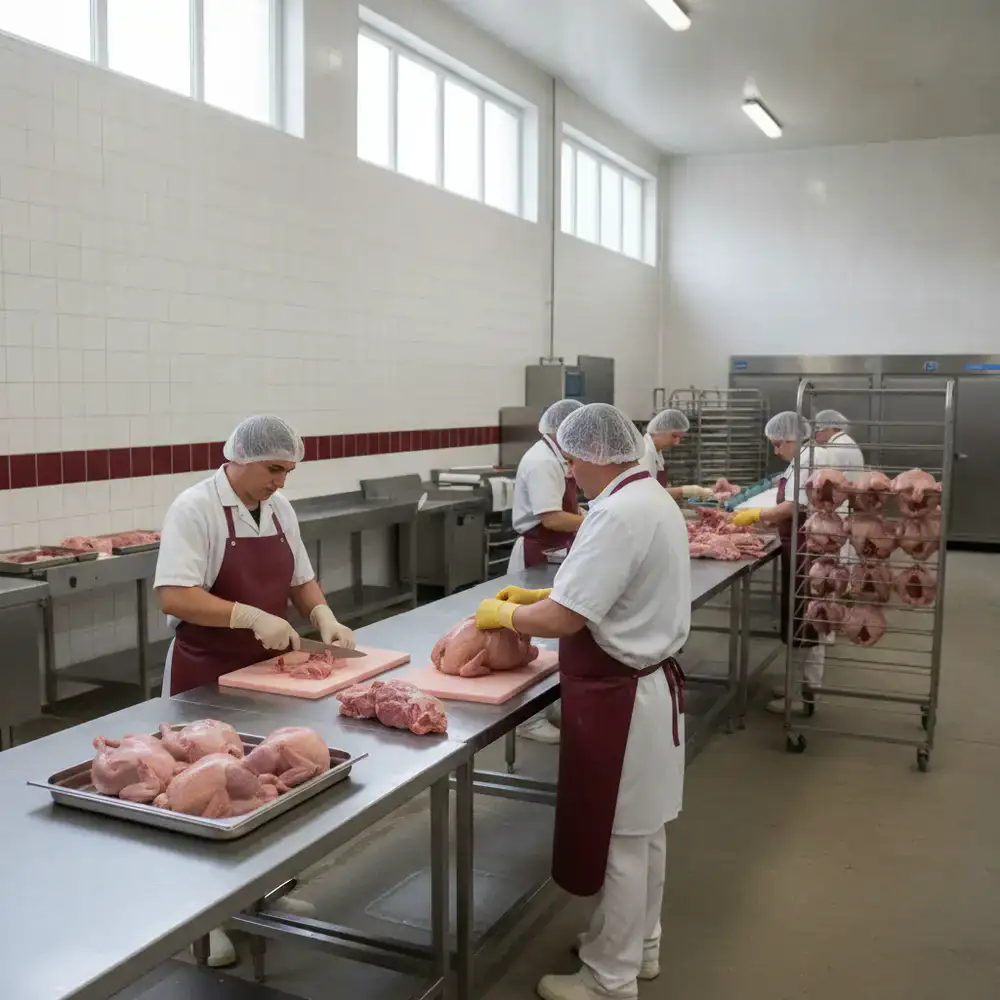Skilled workers preparing high-quality poultry in a clean facility
