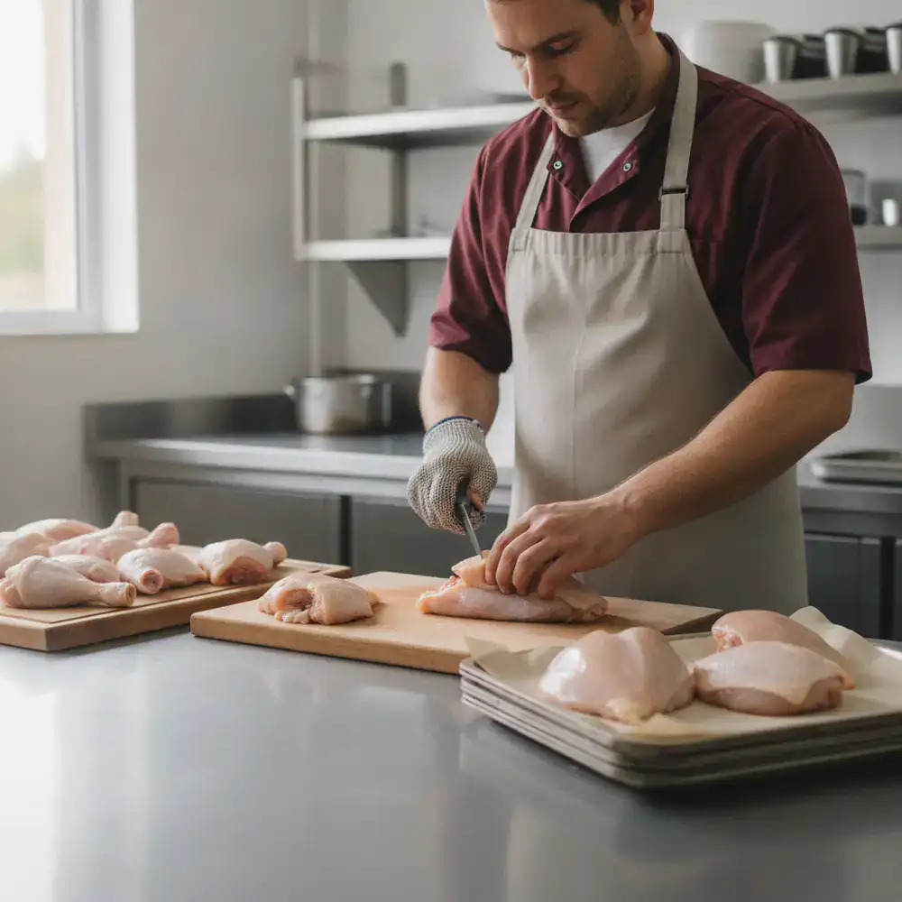 Skilled worker preparing premium chicken cuts